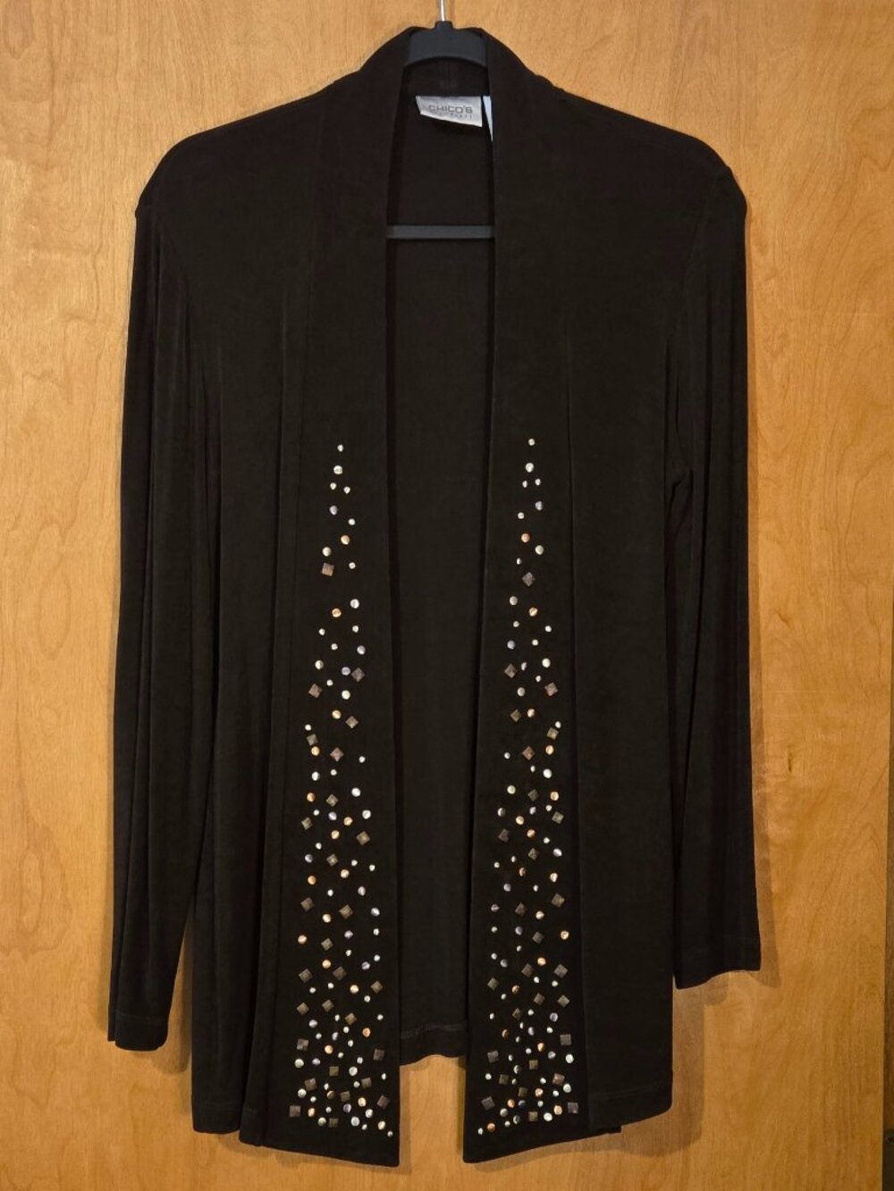 Chicos Travelers Size Small Open Front Rhinestone Cardigan Brown Cozy Autumn